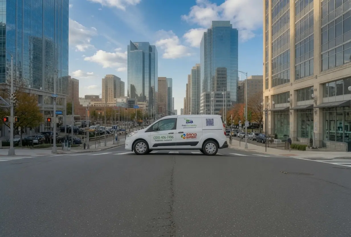 White FreshStart Laundry delivery van on the streets of Stamford Connecticut - premium residential and commercial laundry pickup and delivery service